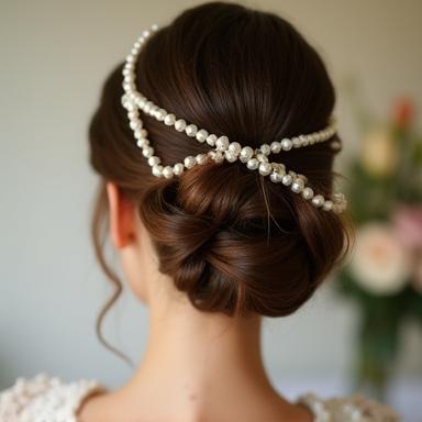 Elegant bridal updo adorned with pearls