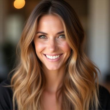 Long layered cut with caramel highlights on smiling client